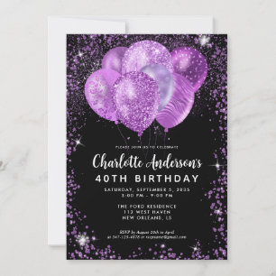 Glam Zwart Paarse Violet Glitter Balloon Verjaarda Kaart