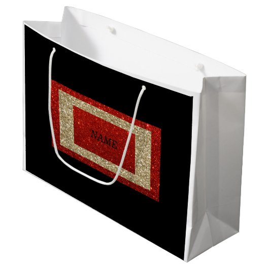 Glam Zwart Rood en Goud Glitter Naam Groot Cadeauzakje (Voorkant Gekanteld)
