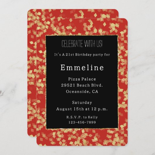 Glam Zwart Rood Goud Glitter Glitzy Verjaardag Kaart (Voorkant / Achterkant)