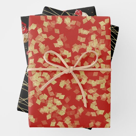 Glam Zwart Rood Goud Verjaardag Inpakpapier Vel (In situ)