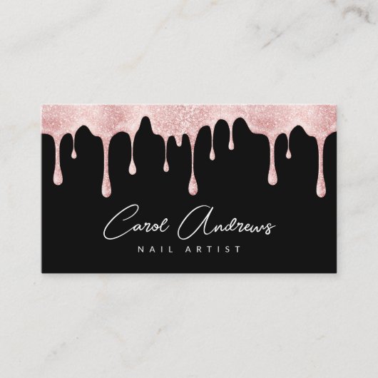 Glam Zwart Roos Goud Glitter Drips Nail Artist Visitekaartje (Voorkant)