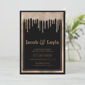 Glam zwart roos gouden glitter druppels grens brui kaart (Staand voorkant)