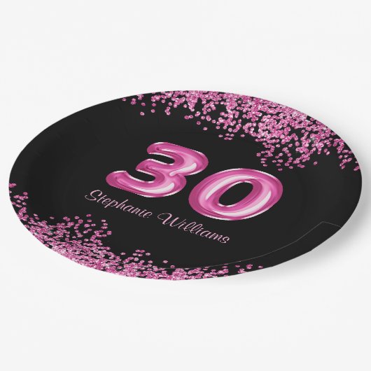 Glam Zwart Roze Folie Ballon 30ste Verjaardagsfees Papieren Bordje (Gekanteld)