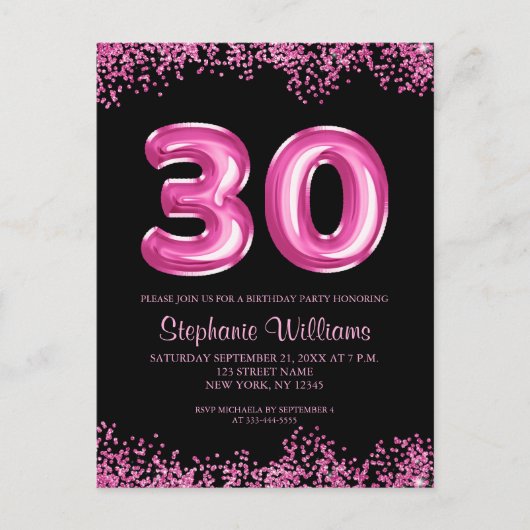 Glam Zwart Roze Folie Ballon 30ste Verjaardagsfees Uitnodiging Briefkaart (Voorkant)