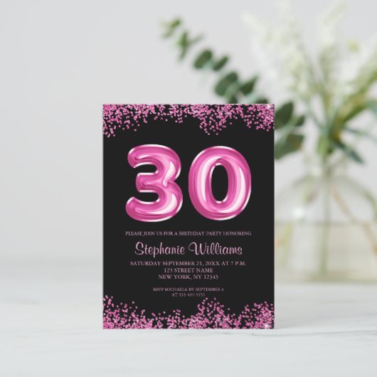 Glam Zwart Roze Folie Ballon 30ste Verjaardagsfees Uitnodiging Briefkaart (Staand voorkant)