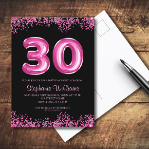 Glam Zwart Roze Folie Ballon 30ste Verjaardagsfees Uitnodiging Briefkaart