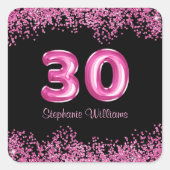 Glam Zwart Roze Folie Ballon 30ste Verjaardagsfees Vierkante Sticker (Voorkant)