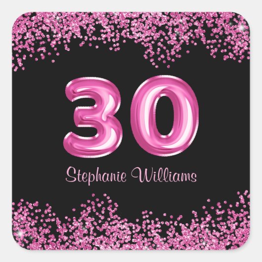 Glam Zwart Roze Folie Ballon 30ste Verjaardagsfees Vierkante Sticker (Voorkant)
