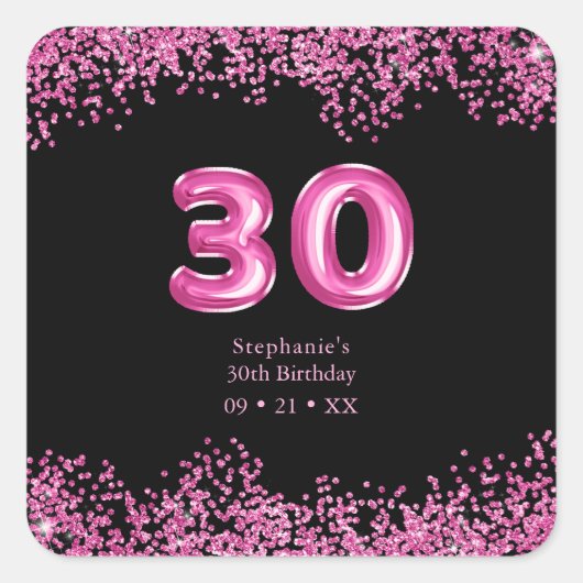 Glam Zwart Roze Folie Ballon 30ste Verjaardagsfees Vierkante Sticker (Voorkant)