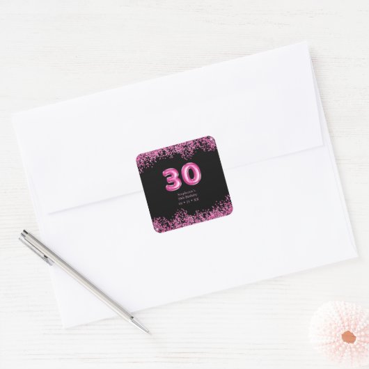 Glam Zwart Roze Folie Ballon 30ste Verjaardagsfees Vierkante Sticker (Envelop)
