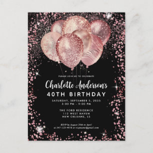 Glam Zwart Roze Rose Goud Glitter Ballon Verjaarda Briefkaart