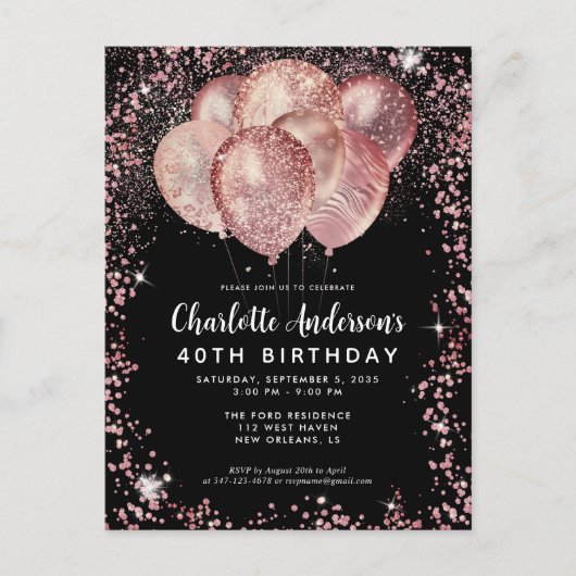 Glam Zwart Roze Rose Goud Glitter Ballon Verjaarda Briefkaart (Voorkant)