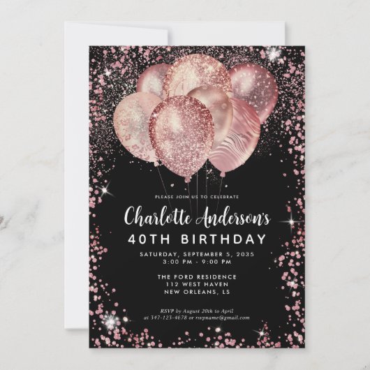 Glam Zwart Roze Rose Goud Glitter Ballon Verjaarda Kaart (Voorkant)