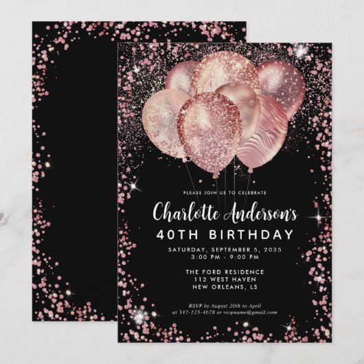 Glam Zwart Roze Rose Goud Glitter Ballon Verjaarda Kaart (Voorkant / Achterkant)