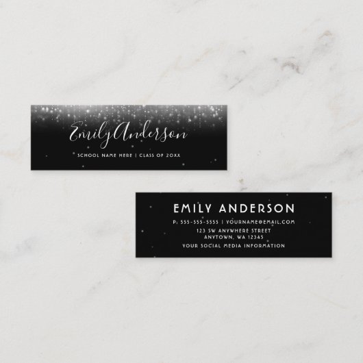 Glam Zwart-wit Afstuderen Naam Invoegen Kaart Mini Visitekaartje (Voorkant / Achterkant)