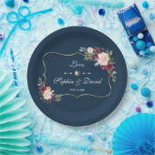 GlamGold Burgundy Blush Floral Navy Blue Wedding Papieren Bordje (Feest)