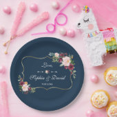 GlamGold Burgundy Blush Floral Navy Blue Wedding Papieren Bordje (Feest)