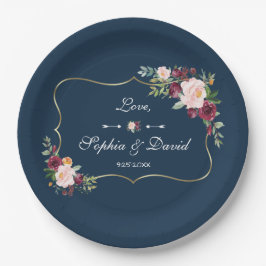 GlamGold Burgundy Blush Floral Navy Blue Wedding Papieren Bordje