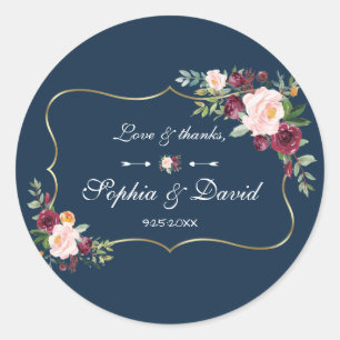 GlamGold Burgundy Blush Floral Navy Blue Wedding Ronde Sticker