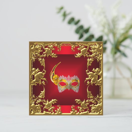 Glamor Ball Invitation Elegant Red Black Gold Kaart (Staand voorkant)