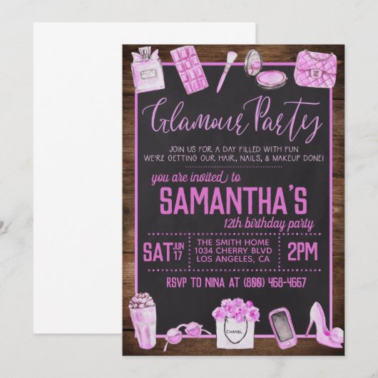 Glamor Birthday Party Invitation Kaart (Voorkant / Achterkant)
