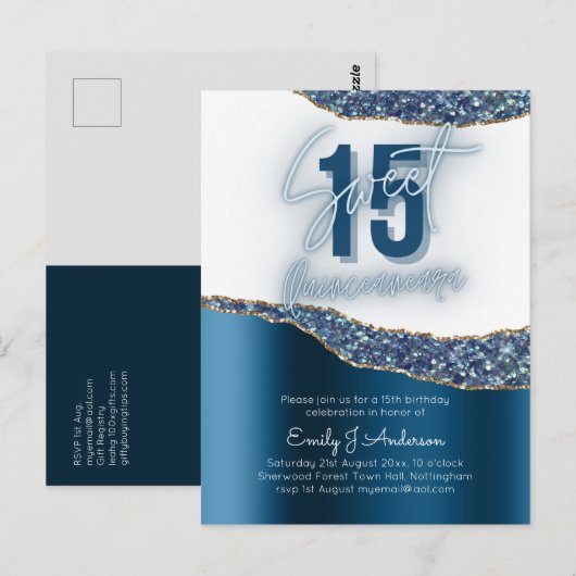 Glamor Blue Silver Foil Glitter Quinceanera 15th Briefkaart (Voorkant / Achterkant)