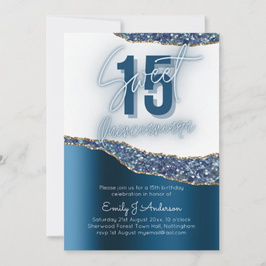 Glamor Blue Silver Foil Glitter Quinceanera 15th Kaart (Voorkant)