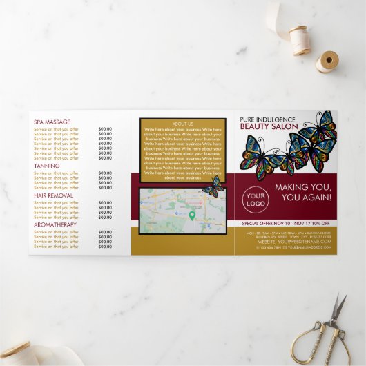 Glamor Butterflies, Beauty Salon Tri-Fold Flyer Drieluik Uitnodiging (Buitenkant)