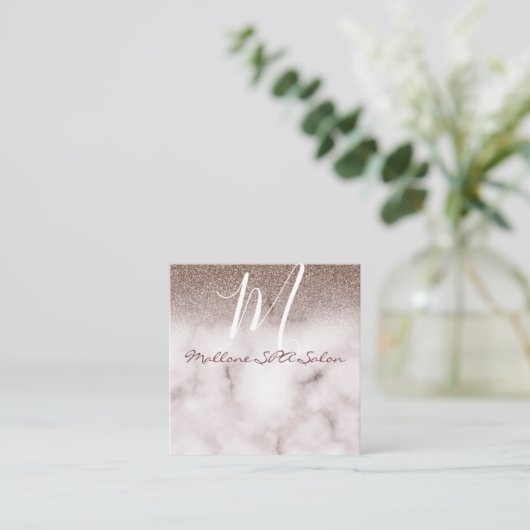 Glamor Elegant Marble Chic Paars Glitter Monogram Vierkante Visitekaartje (Staand voorkant)