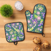 Glamor Floral Turquoise Ovenwant & Pannenlap Set (Top down)