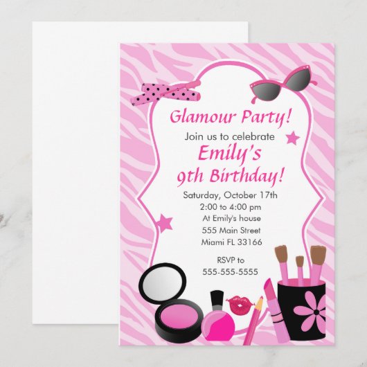 Glamor Girl Birthday Party Invitation Kaart (Voorkant / Achterkant)