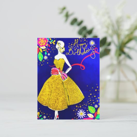 Glamor Girl Floral Gold Birthday Party Glitter Feestdagenkaart (Staand voorkant)