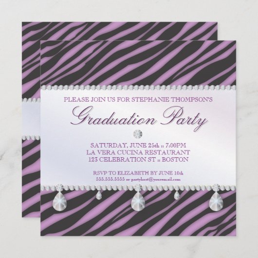 Glamor Girl Zebra and Diamond Graduation Party Kaart (Voorkant / Achterkant)