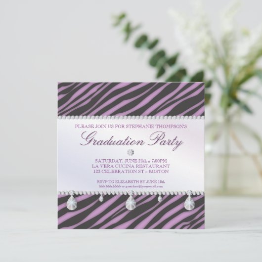 Glamor Girl Zebra and Diamond Graduation Party Kaart (Staand voorkant)