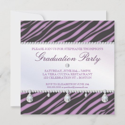 Glamor Girl Zebra and Diamond Graduation Party Kaart (Voorkant)