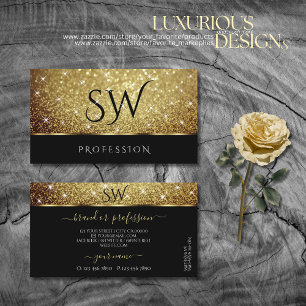 Glamor Gold Glitter Sparkle Stars Black Monogram Visitekaartje