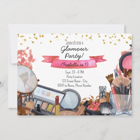 Glamor Makeup Birthday Party Invitation Kaart (Voorkant)