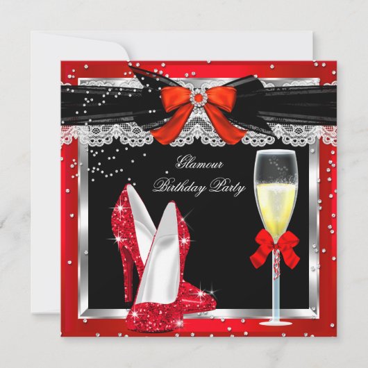Glamor Red Glitter Heels Silver Champagne Party 2 Kaart (Voorkant)