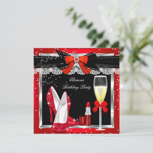Glamor Red Glitter Heels Silver Champagne Party 3 Kaart (Staand voorkant)
