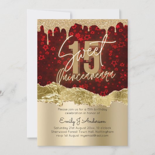 Glamor Red Gold Foil Glitter Quinceanera 15th Kaart (Voorkant)
