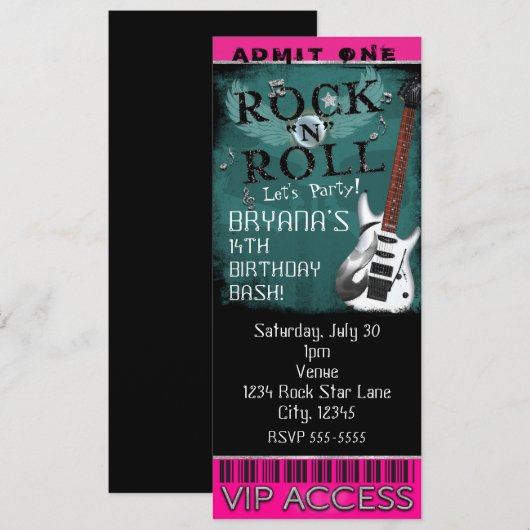 Glamor Rock N Roll Star Birthday Ticket VIP Kaart (Voorkant / Achterkant)