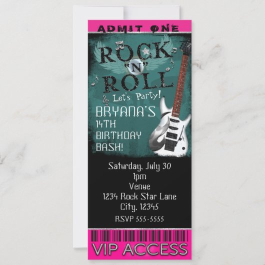 Glamor Rock N Roll Star Birthday Ticket VIP Kaart (Voorkant)