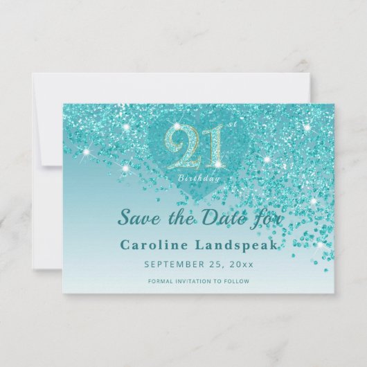 Glamorous 21st Birthday Teal Glitter Frosted Heart Save The Date (Voorkant)