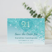 Glamorous 21st Birthday Teal Glitter Frosted Heart Save The Date (Staand voorkant)