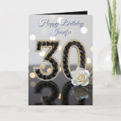 Glamorous 30th Birthday Black Diamonds White Rose  Kaart (Voorkant)