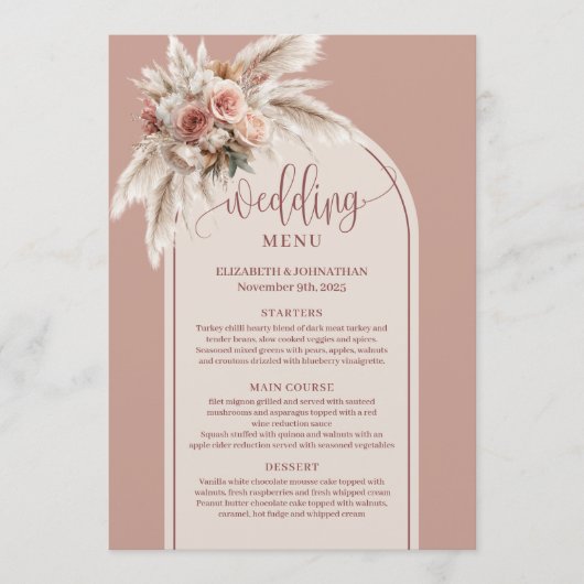 Glamorous Arch Pastel Pink Pampas Floral Wedding  Menu (Voorkant)