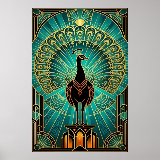 Glamorous Art Deco Peacock Teal & Gold Poster (Voorkant)