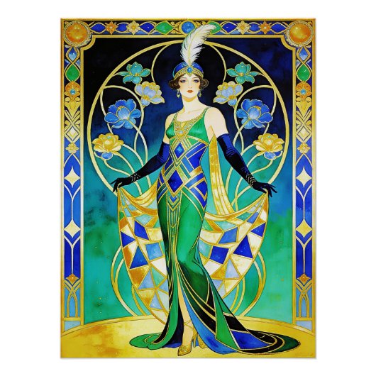 Glamorous Art Deco Siren in Blue and Green Poster. Perfect Poster (Voorkant)