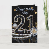 Glamorous Black Gemstone White Rose 21st Birthday Kaart (Voorkant)