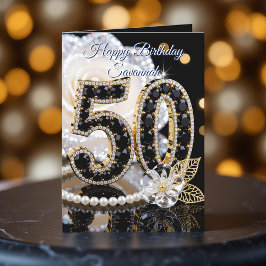 Glamorous Black Gemstone White Rose 50th Birthday Kaart